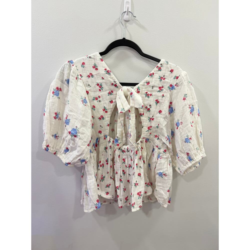 Free People Chloe Printed Top Sz Small  Floral Print Short Sleeve Tie Back Shirt - Picture 3 of 9